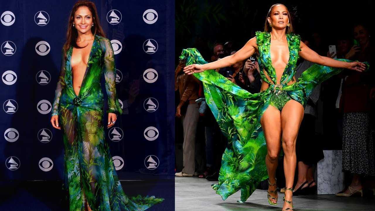 Очень рискованно было для Versace завершать показ на Неделе моды в Милане выходом Джей Ло 50-летняя певица прошагала по подиуму в знаменитом зеленом платье с глубоким вырезом, в котором она впервые появилась на премии